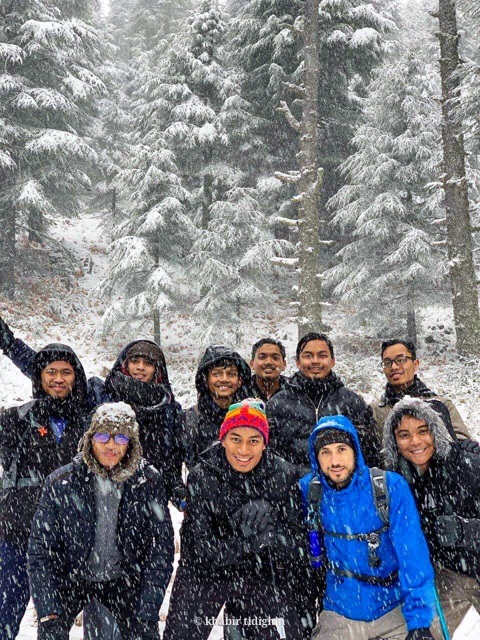 A group of trekkers caught in snowfall among cedar trees